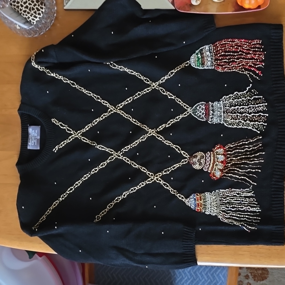 Marisa Christina Vintage Black Sweater with Gold and Red Tassel Accents